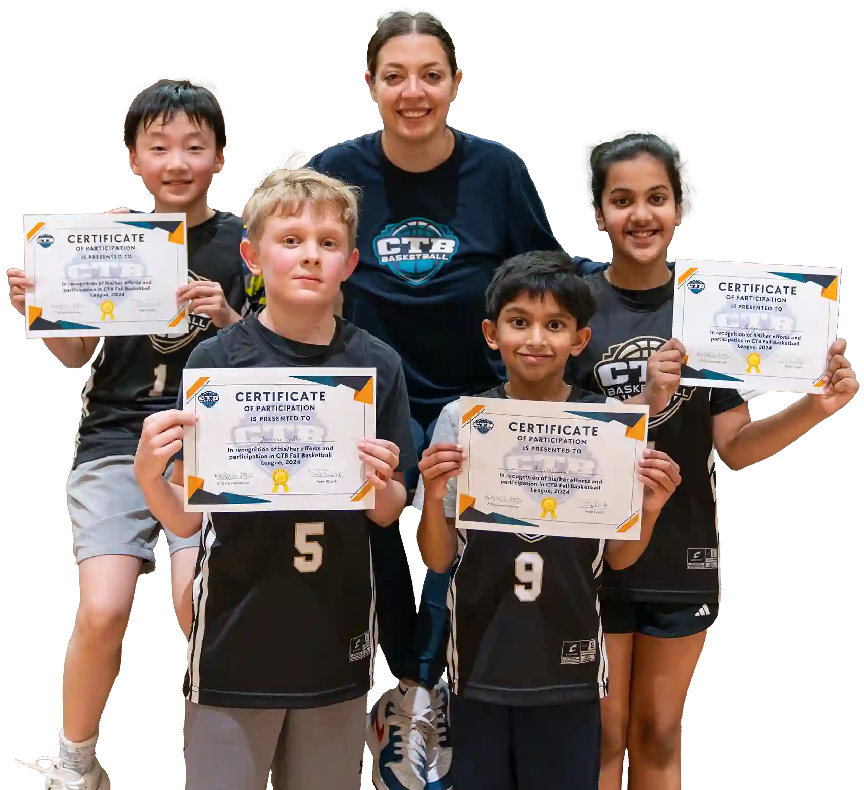 A basketball coach and her team with their end-of-season certificates.