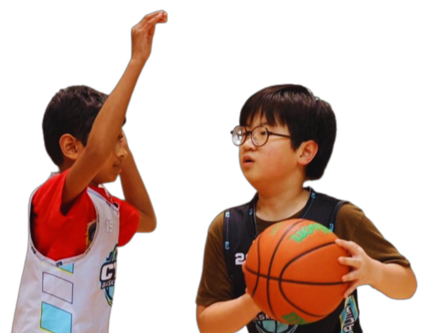 Two basketball players fighting for the ball